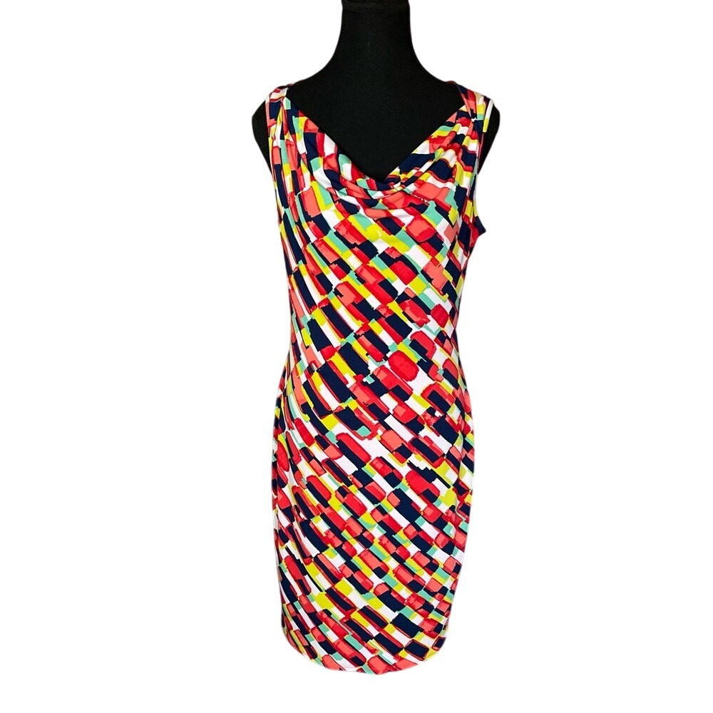 Evan Picone Multicolor Geometric Brushstroke Cowl Neck Sheath Dress 4
